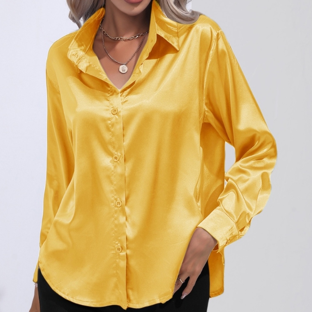 Satin Serenity Button-Up Shirt - Golden Yellow